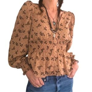 Fab'rik Floral Blouse Top S Cottagecore Victorian Puff Sleeve Smocked Peplum
